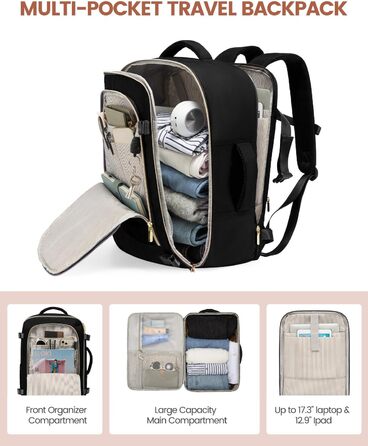 LOVEVOOK Рюкзак для ручної поклажі, дорожній рюкзак для жінок, водонепроникний, з відділенням для взуття, 17-дюймовий ноутбук, рюкзак для подорожей, 40L, 45x36x20, чорний