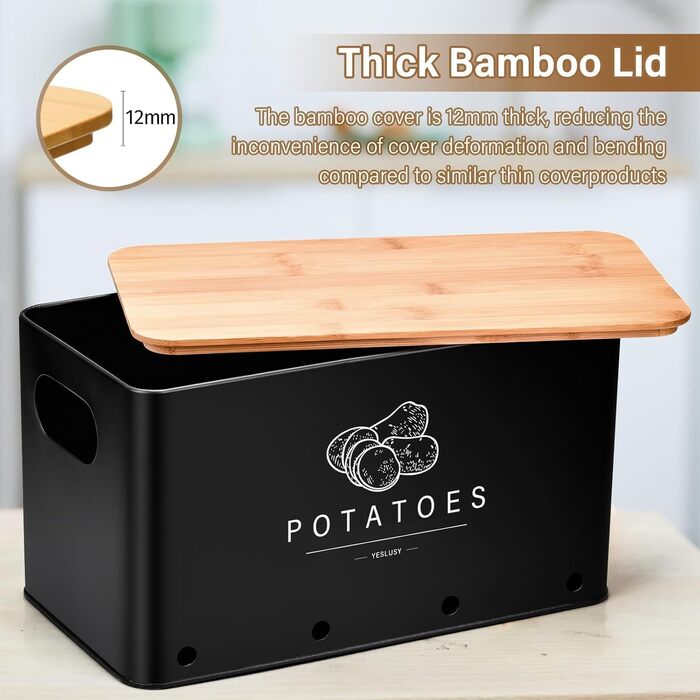 Набір контейнерів для зберігання картоплі, цибулі та часнику (3 шт.), бамбуковий кришка, чорний колір