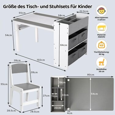 Дитячий стіл Mamizо з 2 стільцями, стіл для малювання та рукоділля, комплект меблів у дитячу кімнату, ігровий стіл з місцем для зберігання для дітей від 3 років (сірий, білий)