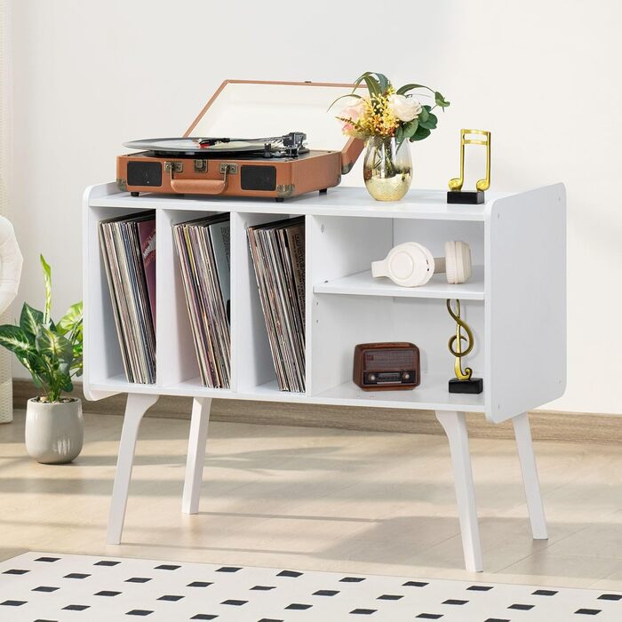 Підставка для програвача LELELINKY з 4 полицями для 220 альбомів, міцна дерев'яна конструкція, стіл Mid-Century, біла полиця для зберігання вінілу