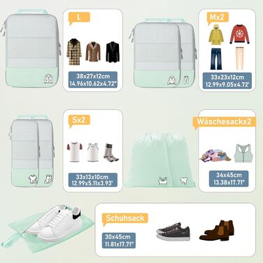 Набір компресійних органайзерів для подорожей Packing Cubes, 8 шт, для валізи та рюкзака, м'ятно-зелений