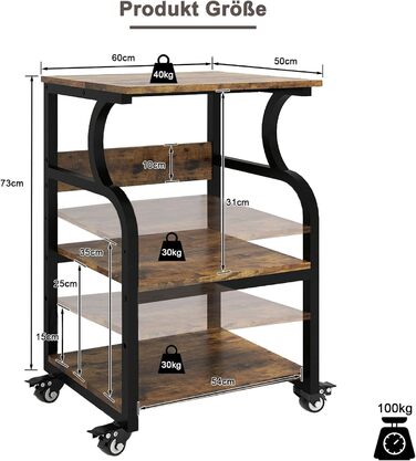 Регульований стіл для принтера PUNCIA з 3 ящиками та колесами. Мобільний візок для принтера з дерева та металу (60 x 50 см, Retro)
