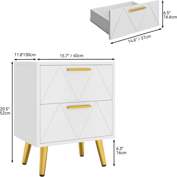 Приліжкові тумбочки YITAHOME (2 шт.) з 2 шухлядами, білі, з золотими ніжками, 40 x 30 x 52 см