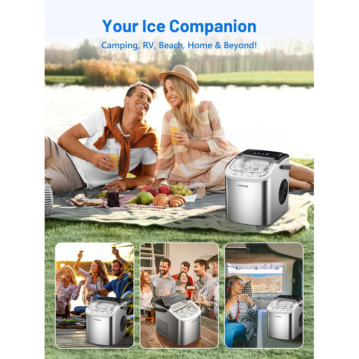 VINATO Льодогенератор портативний для дому та офісу, 12 кг/24 год, срібний. Швидке виробництво льоду (6-8 хв), з лопаткою та кошиком.