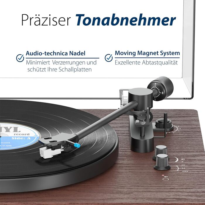 Вініловий програвач Blaupunkt TT 200 TX з кришкою, пружинним корпусом, системою Audio Technica MM, дві швидкості, автоматичне вимкнення, антискейтинг, ремінний привід