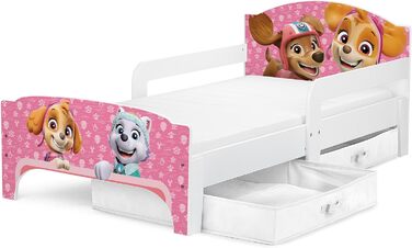 Ліжко дитяче Leomark Paw Patrol Smart - дерев'яне, 70x140 см, з текстильними ящиками, білий/рожевий колір
