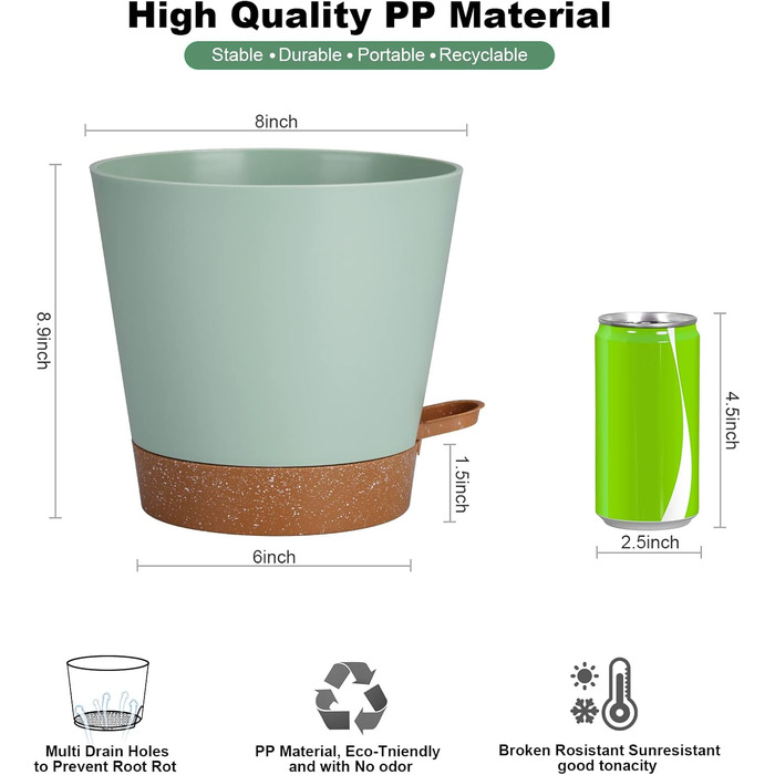 Набір горщиків для квітів 2 шт. 25.4 см, пластикові горщики з системою поливу, сучасний дизайн для дому, балкону, саду, сукулентів, кактусів (зелений) (зелений, коричневий, 20.3 см)