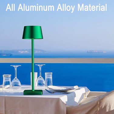 LED настільна лампа бездротова, 6000mAh, IP54, алюміній, сенсорне керування, тепле світло, для спальні, кав'ярні, ресторану (зелена)