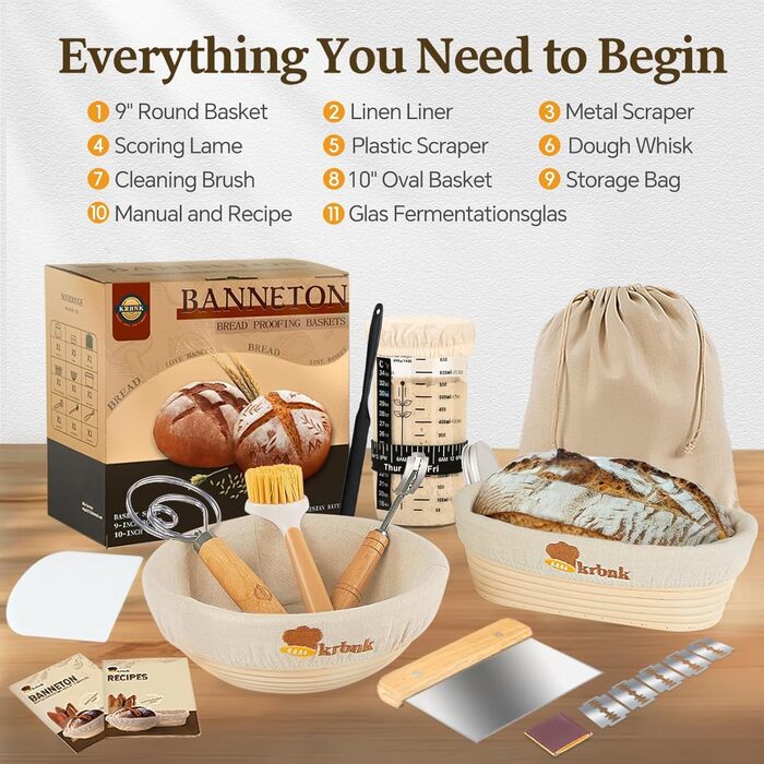 Набір для приготування закваски для початківців: бродові корзини (22.9 см та 25.4 см), склянка для закваски 1000 мл, аксесуари для випічки з індонезійського ротангу