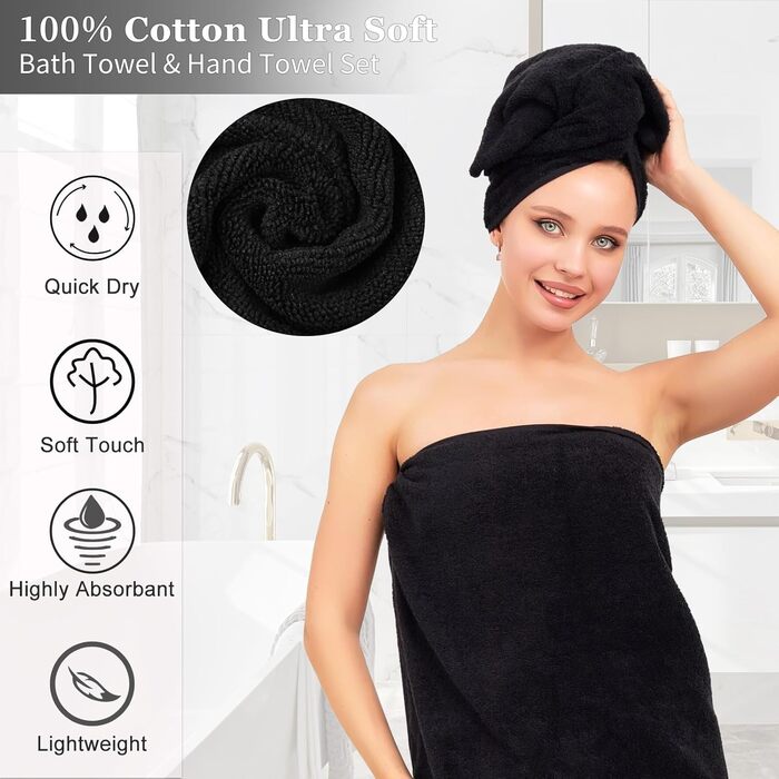 Набір для ванної кімнати 17 предметів: аксесуари для ванної, сміттєвий бак, дозатори мила, тримач для зубних щіток, 6 дерев'яних гачків, аксесуари для кухні та ванної (Чорний, Комплект для ванної + штора для душу + килимок для ванної + рушник для ванної)