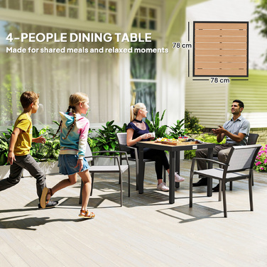 Зручний садовий стіл з пластику 78 x 78 x 74 см. Стійкий до погодних умов, з алюмінієвим каркасом. Ідеально підходить як буфетний стіл, кемпінговий стіл для 4 осіб, стіл на балкон, терасу або у сад. Підходить як вуличний обідній стіл для саду, тераси або 