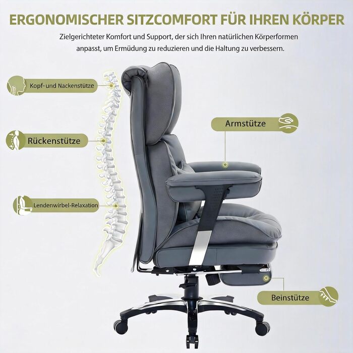 Офісне крісло Efomao X-Stickerei для дому та офісу, шкіряне (PU) для великих та високих, з регульованою спинкою, підставкою для ніг та підтримкою попереку, чорне, до 200 кг