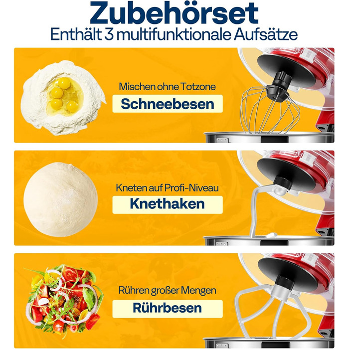 Кухонна машина VIVOHOME 5.7L: потужний міксер з 10 швидкостями, функцією імпульсу та набором насадок (червоний)