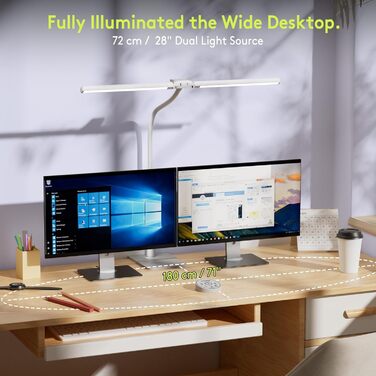 Стіл лампа з двома головками для дітей, захист очей, 16W, 72см, денне світло, диммування, пульт ДУ, лебединий шийка, матовий білий