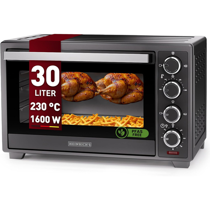 Багатофункціональна міні-піч Heinrich's з об'ємом 48 літрів, конвекція, таймер 8 год, підсвітка, 100-230°C, сенсорне керування, аксесуари, чорний, 2000W