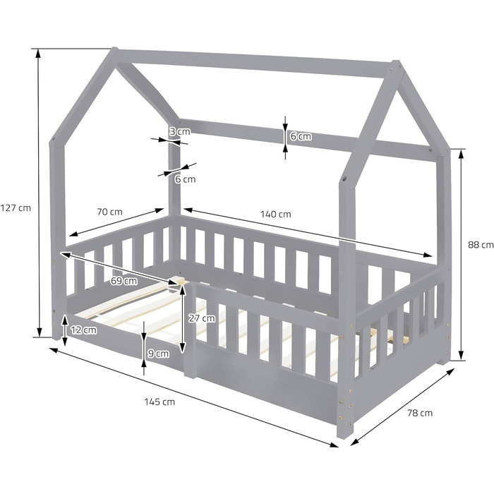 Дитяче ліжко ML-Design 70х140 см із захистом від падіння, дахом і рейковим каркасом, світло-сірий, масив дерева Дитяче ліжко, Будиночок ліжко для дівчаток/хлопчиків, Ліжко будиночок масив сосни, Стійке молодіжне ліжко Дитячий будиночок 70 х 140 см Світло-
