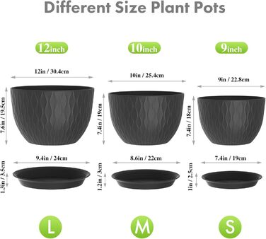 Великі горщики для квітів 3 шт. (12+10+9 дюймів), 30.5x25.4x25.4x22.9 см, для дому та саду, чорного кольору, з дренажними отворами