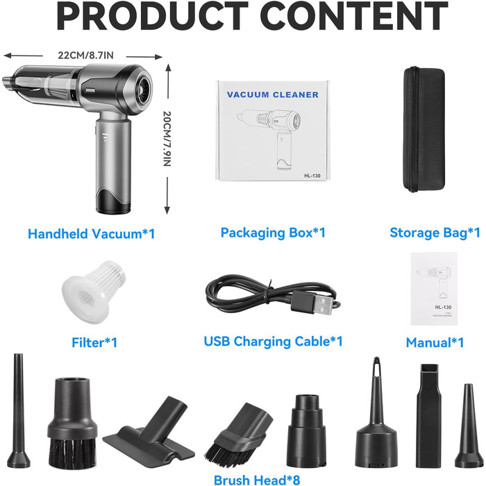 Акумуляторний ручний пилосос 4-в-1 для авто та дому, безщітковий двигун 26000Па, 3 режими потужності, для шерсті тварин та кухні