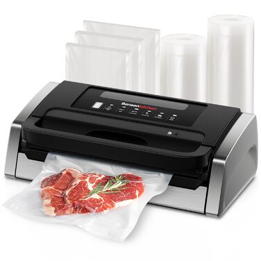 Вакууматор Bonsenkitchen для продуктів, потужний вакуумний пакувальник 15л/хв, з інтегрованим різаком та ручкою-фіксатором, чорний (комплект з 100 пакетами)