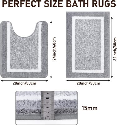 М'який килимок для ванної кімнати Pauwer, комплект з 3 частин: килимок 50x80 см, килимок для туалету 50x60 см, рушник для ванної кімнати, мікрофібра, швидковисихаючий, антиковзаючий, для прання, сірий