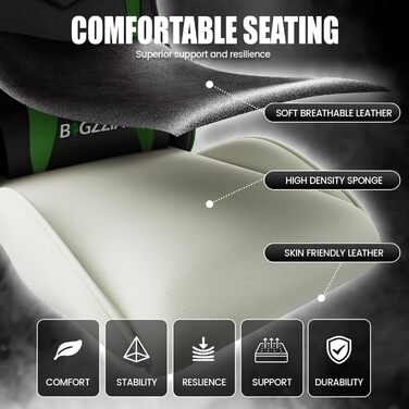 Ігровий крісло Bigzzia - ергономічне комп'ютерне крісло для геймерів з підголівником, RGB підсвічуванням, для підлітків та дорослих (чорно-зелене, без LED)