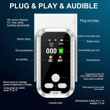 Датчик газу та CO з розеткою для дому: детектор CO та газу, газовий детектор для будинку, виявлення витоку газу (природний газ, LPG, метан, пропан, бутан), білий, HD11-CG-NEW