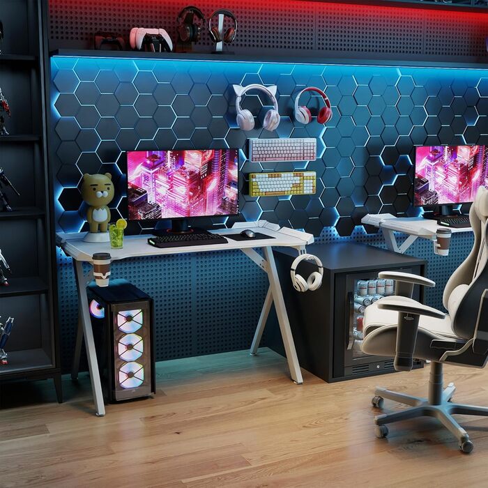 LED ігровий стіл YRHome з RGB-підсвічуванням, пультом дистанційного керування, тримачем для навушників та підставкою для напоїв. Білий, 120x60x75 см