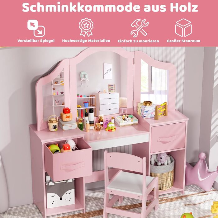 Дитячий туалетний столик MAMIZO 2 в 1 з дзеркалом та пуфом, рожево-білий (108x30x114 см)