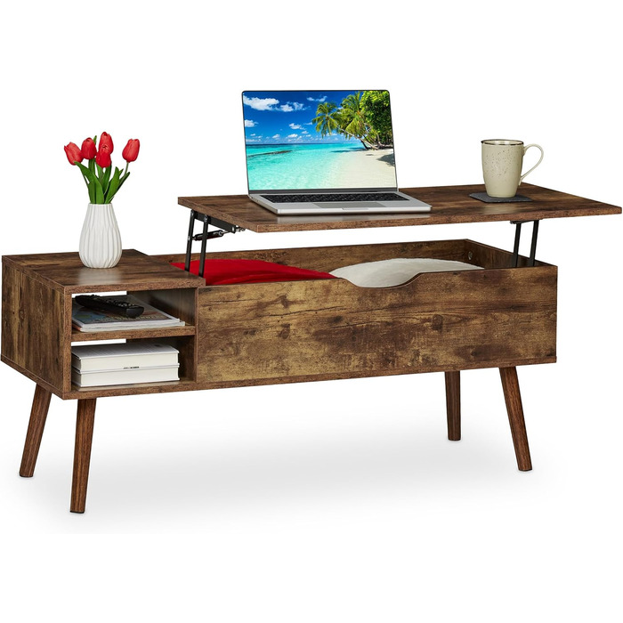 Журнальний столик Relaxdays з підйомною стільницею та двома відкидними полицями, коричневий, 45x108x40 см, індустріальний стиль