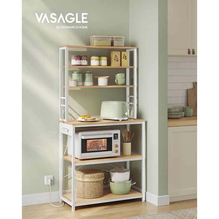 Полична шафа VASAGLE для кухні з розетками, мікрохвильова шафа, 6 полиць, 6 гачків, сталевий каркас, 40 x 80 x 167 см, вінтажний колір, KKS119K06