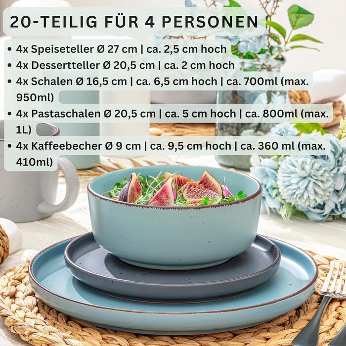 Набір посуду SÄNGER Bombay Sky Shades 20 предметів (4 особи) | Сервіз зі штучного каменю, 4 тарілки для їжі, 4 десертні тарілки, 4 миски, 4 тарілки для пасти, 4 чашки для кави | Кольоровий сервіз