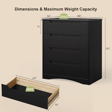 Комод Bealife для спальні: 4 місткі шухляди, витягнуті ручки, захист від перекидання, для вітальні/офісу (чорний)