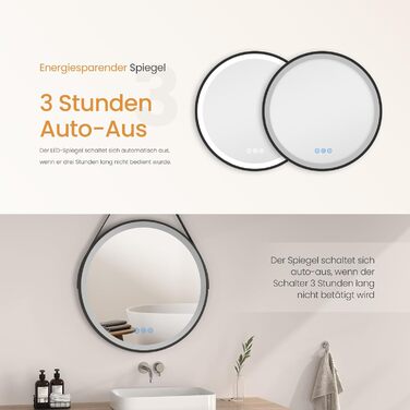 Круглий дзеркало для ванної кімнати EMKE з підсвічуванням 50 см, 3 кольори, регулювання яскравості, антизапар, пам'ять, сенсорне управління, таймер 3 години, енергозберігаючий