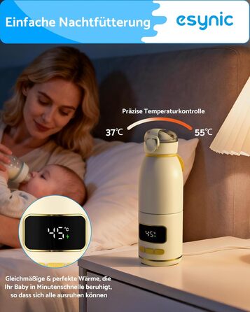 eSynic Підігрівач для пляшечок 450 мл з акумулятором 15000mAh, нержавіюча сталь 316, швидкий нагрів за 2-3 хв, для грудного молока та води, USB-C, BPA-free, для подорожей та нічного годування