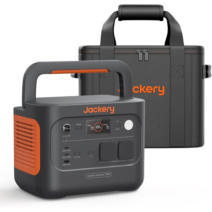 Jackery Explorer 1000: Портативна електростанція з акумулятором 1002Wh, 230V/1000W (2000W пік), USB, QC, для кемпінгу та подорожей (E1000 v2+Чохол)