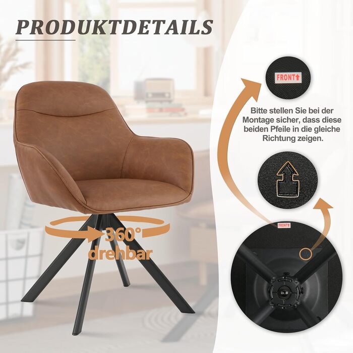 6 стільців для обідньої кімнати з підлокітниками, штучна шкіра, коричневі. Металеві ніжки, для кухні, їдальні та офісу. Комплект 6 шт.