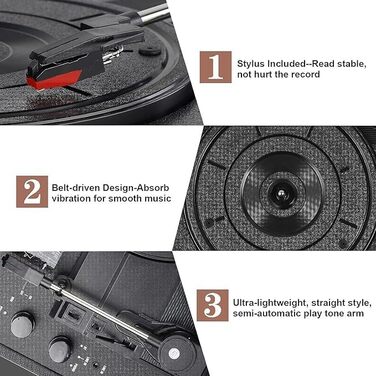 Вініловий програвач Bluetooth Vintage, 3 швидкості 33/45/78 об/хв, вбудовані стереодинаміки, RCA та AUX-вхід, чорний