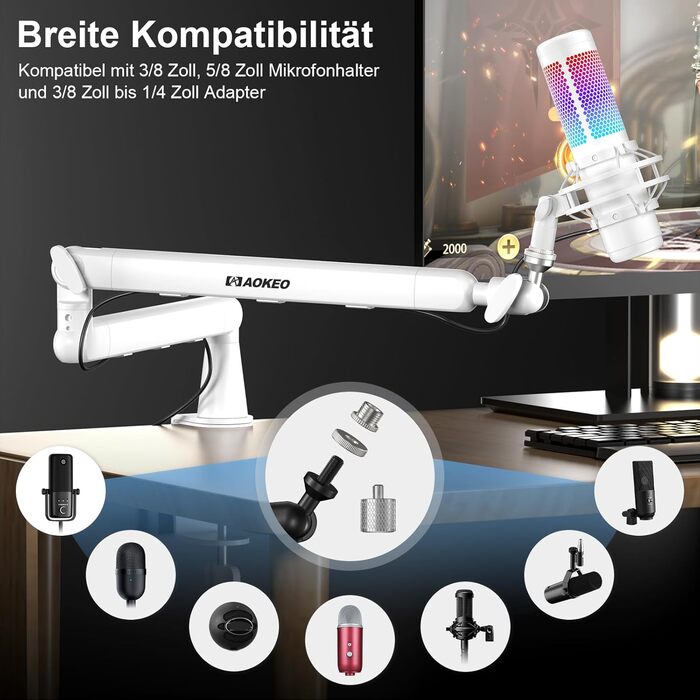 Стійка для мікрофона Aokeo AK-55 для столу, біла - для Yeti, Snowball, HyperX, Elgato