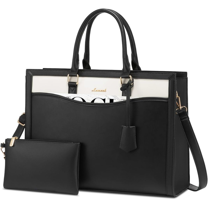 LOVEVOOK Сумка для ноутбука 15.6 дюймів, жіноча, велика, з натуральної шкіри, сумка-шоппер, сумка-тоут, для роботи, навчання, універсальна, чорно-бежева