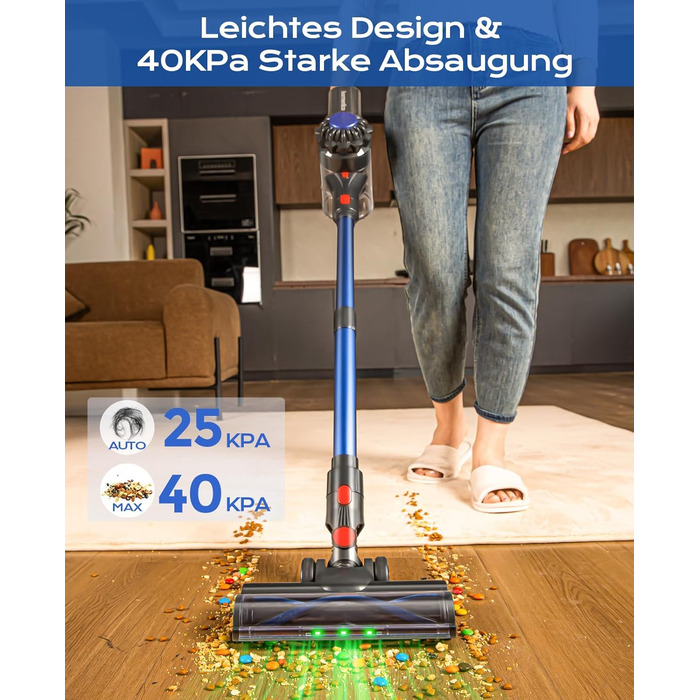 Бездротовий акумуляторний пилосос V15: 50 хвилин роботи, 40KPA, 450W, LED, для видалення шерсті тварин, темно-синій