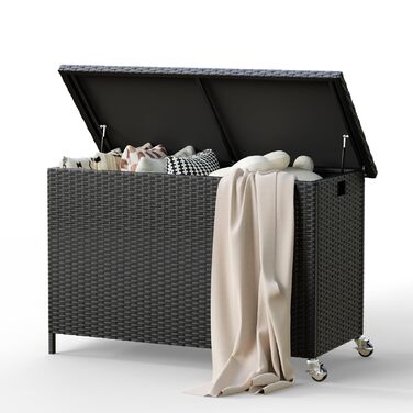 Водонепроникний садовий ящик Amopatio Gartenbox 480л з поліротангу, металевий ящик для подушок на колесах з газліфтом для саду та балкону (чорний)