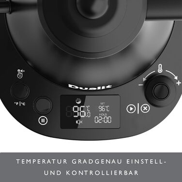 Електричний чайник Dualit Електричний чайник для приготування їжі під тиском Gooseneck (800 мл) - Чорний матовий - Чайник на гусячій шиї не капає - Цифровий дисплей - Високоефективний енергозберігаючий глечик для води