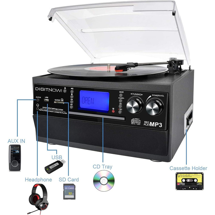 Вініловий програвач з Bluetooth, USB, CD та FM, 3 швидкості, вбудовані динаміки, функція кодування