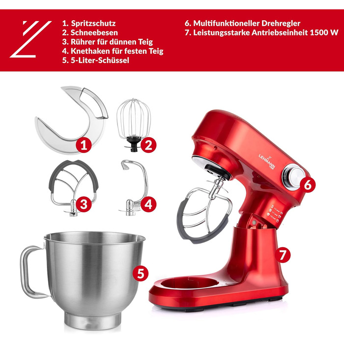 Кухонна машина Lehmann - планетарний міксер з набором аксесуарів - 3 насадки, кришка-розбризкувач, чаша 5л, 12 швидкостей, захист від перегріву, неслизька, червона