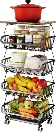 Поверховий кошик для фруктів для кухні, кошик для овочів, підставка для миски, металева прямокутна дротяна корзина, тримач для зберігання фруктів, овочів, хліба, закусок, кухонний органайзер, Чорний (5 рівнів), 2-