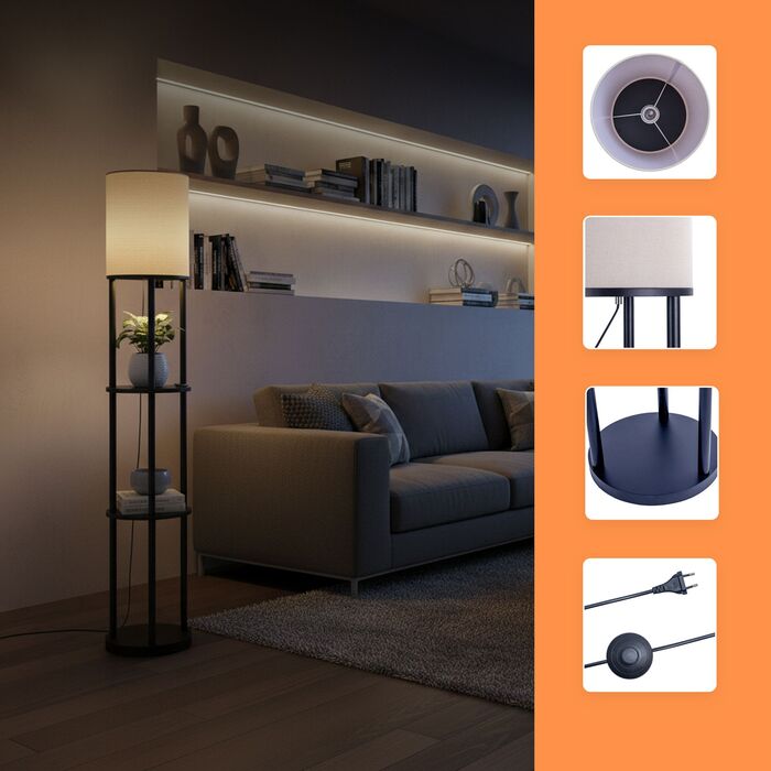 Лампа для читання з трьома полицями та льняним абажуром