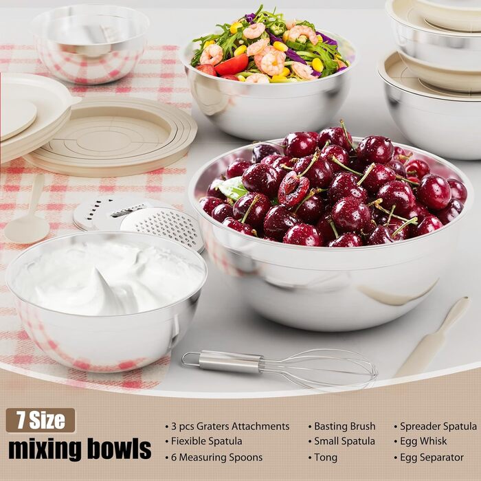 Набір мисок для змішування з нержавіючої сталі (7 шт.) з кришками та тертками - 4.5, 4, 3.5, 2.1, 1.5, 1.1, 0.7 QT, кухонний набір для приготування, випічки та сервірування, хакі