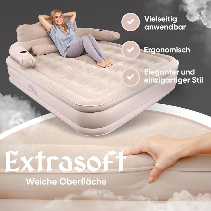 Надувне ліжко 3-в-1 | Гостьове та кемпінгове ліжко | Надувна матрац з електропомпою 150x200 | Самостійно надувна повітряна матрац (2 особи, Бежевий)