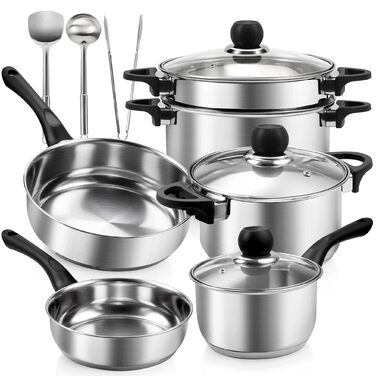 Набір каструль 6 шт. з нержавіючої сталі для індукційних плит, Cookware Set, з кришкою та захистом від опіків, сумісний з усіма типами плит, не має покриття, придатний для миття в посудомийній машині