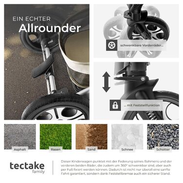 Дитяча коляска Tectake 2 в 1: розкладний візок-ліжко з підніжкою, тримачем для напоїв, люлькою та дощовиком (сірий/бежевий)